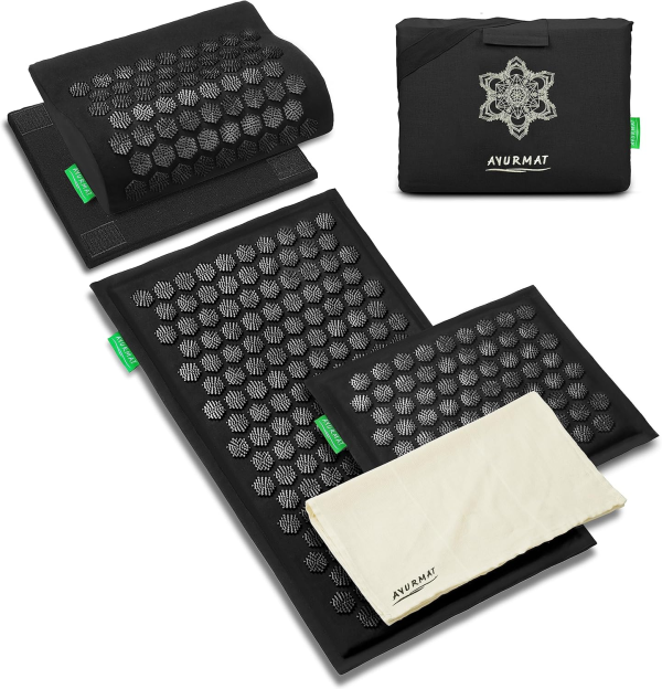 AyurMat Acupressure Mat and Pillow Set – Natural Comfort & Pain Relief (Black)