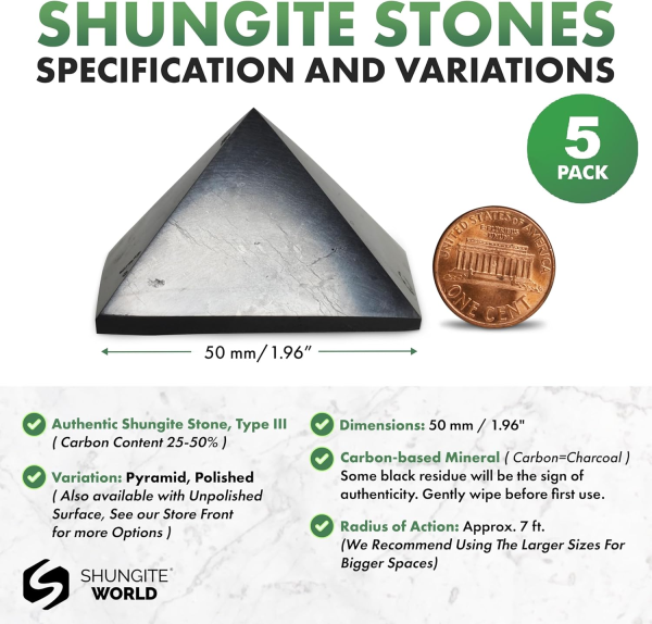 5-Piece Shungite Pyramid Set – 50mm Polished Natural Healing Crystals - Image 2