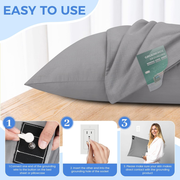 Grounding Pillowcase – Conductive Silver Fiber for Sleep, Stress & Pain Relief (King Size, 20” x 36”, Gray) - Image 2